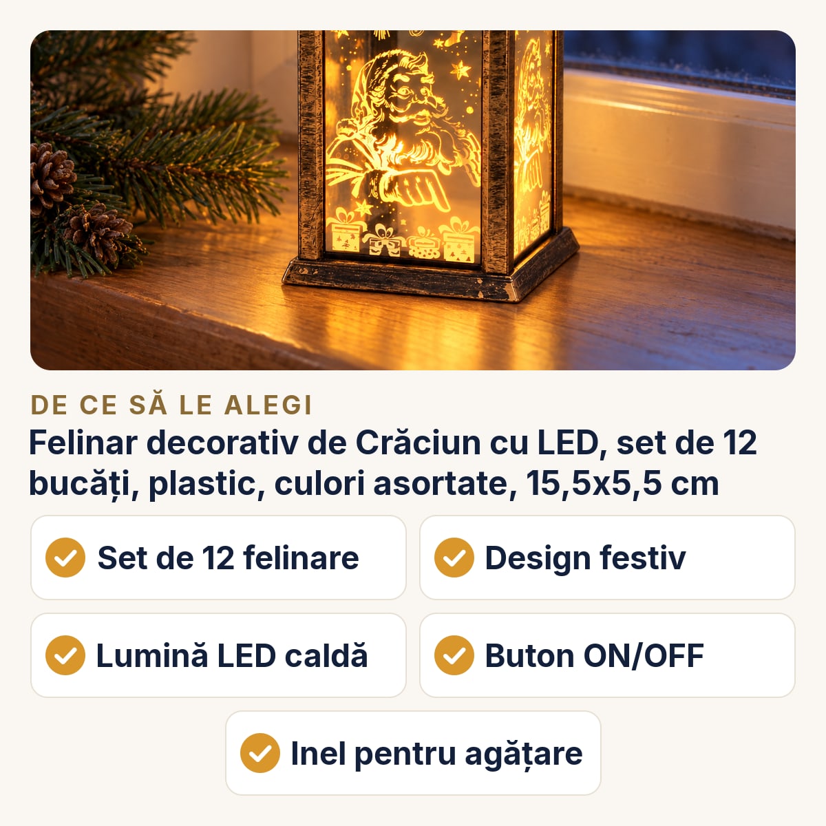 Felinar decorativ de Crăciun cu LED, set de 12 bucăți, plastic, culori asortate, 15,5x5,5 cm — de ce să le alegi