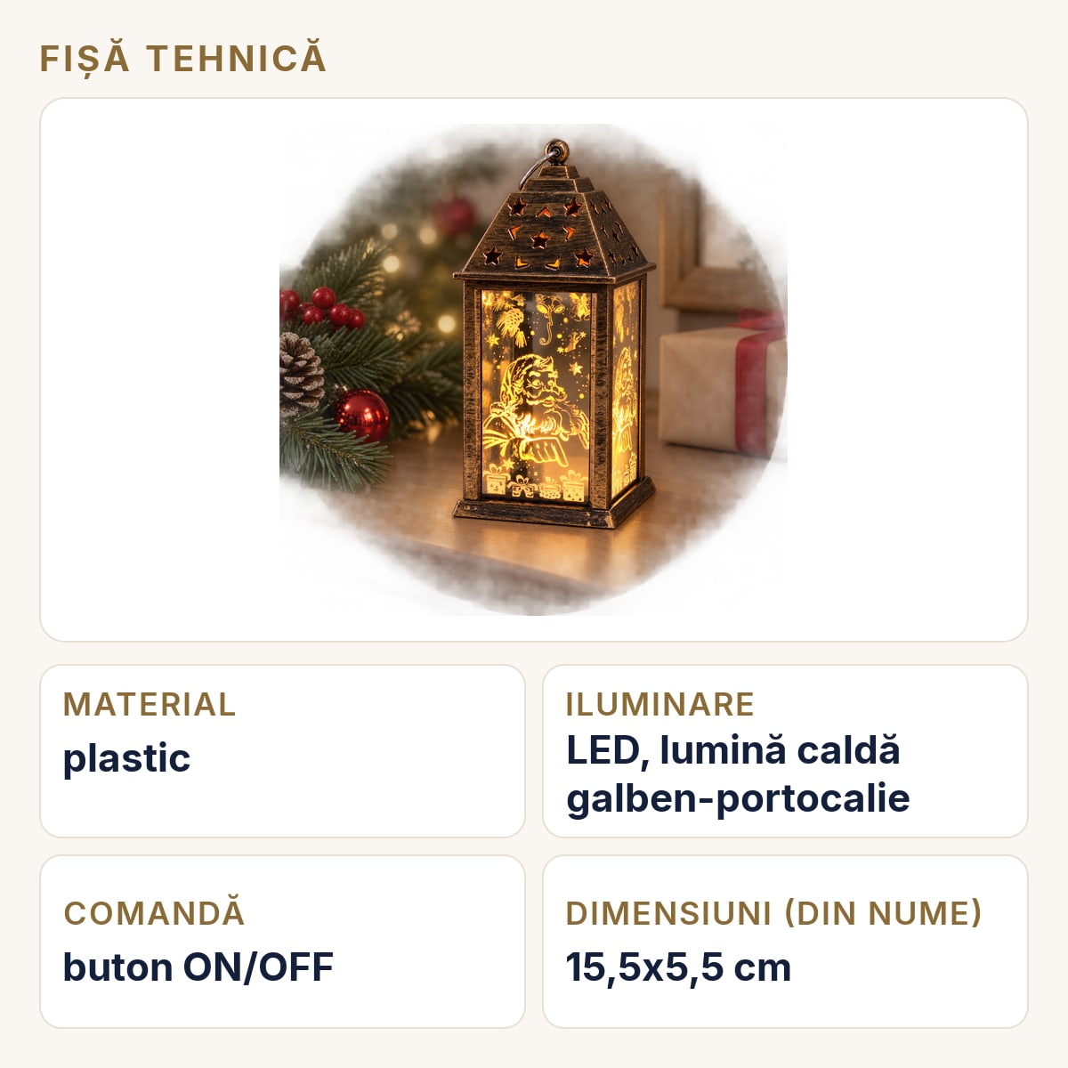 Fișă tehnică — Felinar decorativ de Crăciun cu LED, set de 12 bucăți, plastic, culori asortate, 15,5x5,5 cm