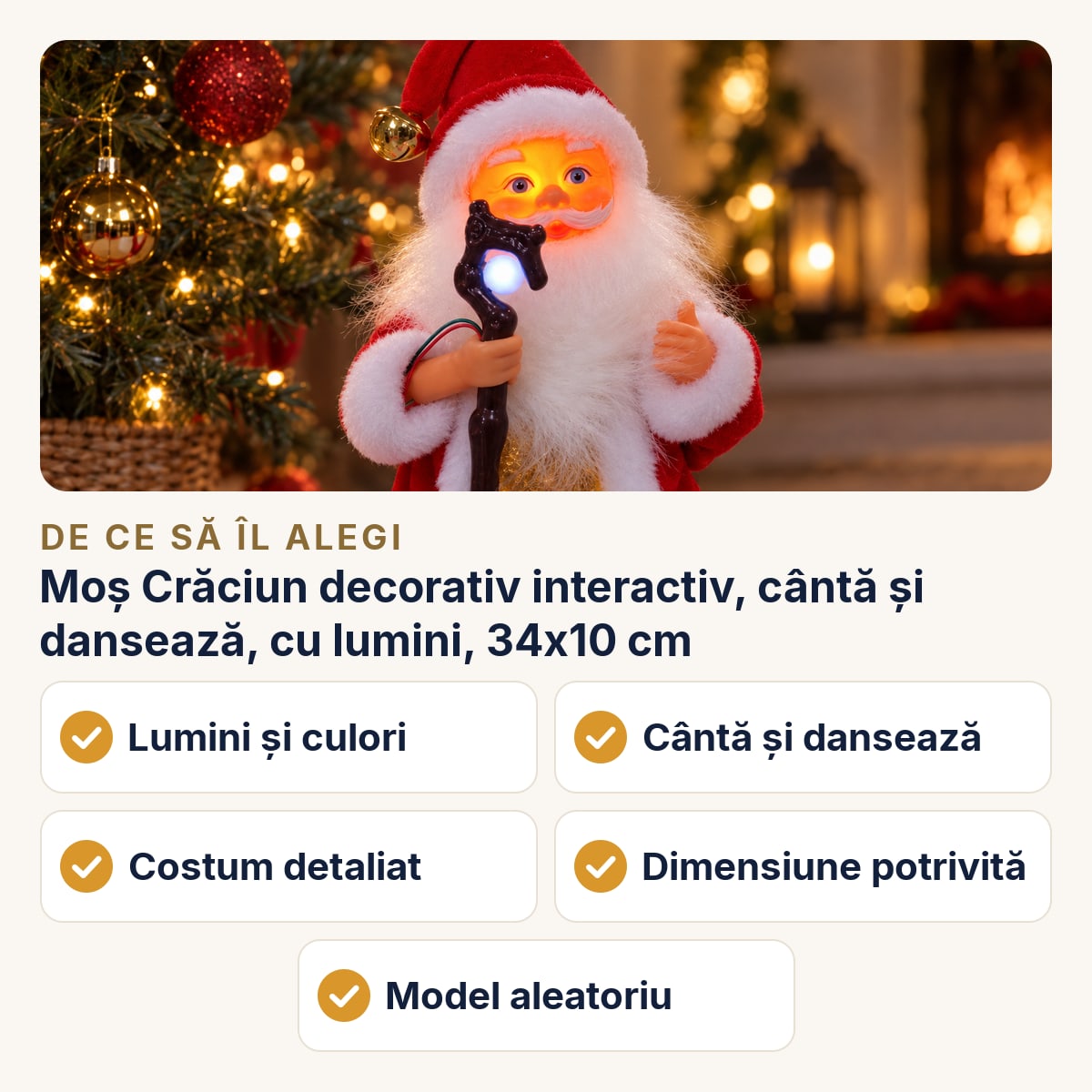 Moș Crăciun decorativ interactiv, cântă și dansează, cu lumini, 34x10 cm — de ce să îl alegi