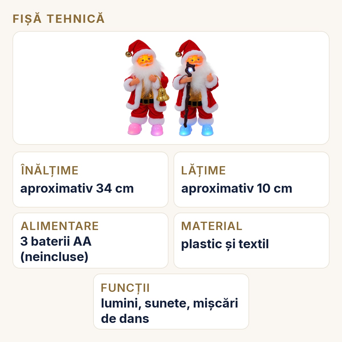 Fișă tehnică — Moș Crăciun decorativ interactiv, cântă și dansează, cu lumini, 34x10 cm