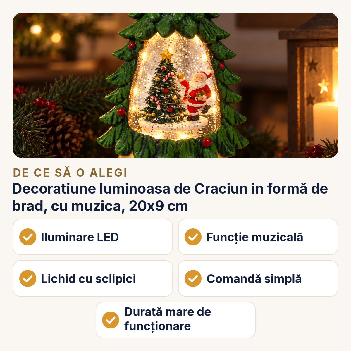 Decoratiune luminoasa de Craciun in formă de brad, cu muzica, 20x9 cm — de ce să o alegi