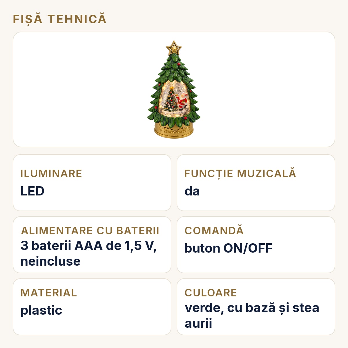 Fișă tehnică — Decoratiune luminoasa de Craciun in formă de brad, cu muzica, 20x9 cm
