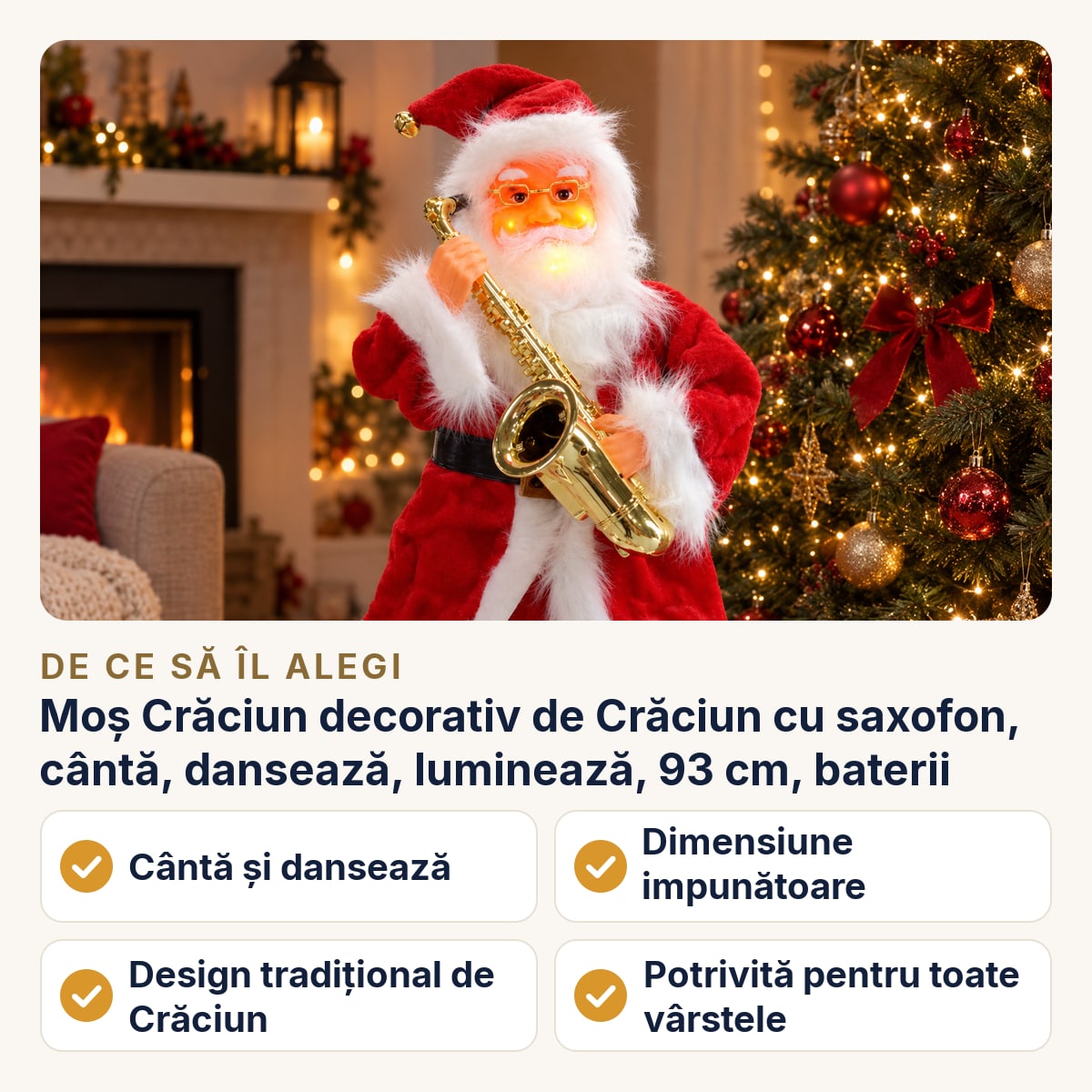 Moș Crăciun decorativ de Crăciun cu saxofon, cântă, dansează, luminează, 93 cm, baterii — de ce să îl alegi