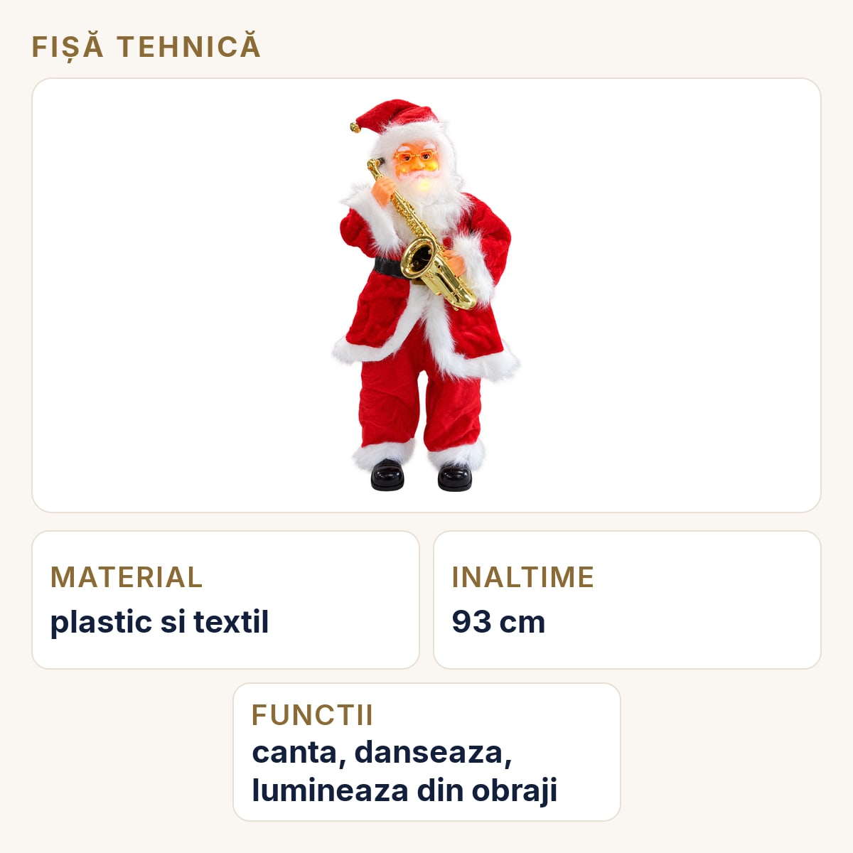 Fișă tehnică — Moș Crăciun decorativ de Crăciun cu saxofon, cântă, dansează, luminează, 93 cm, baterii