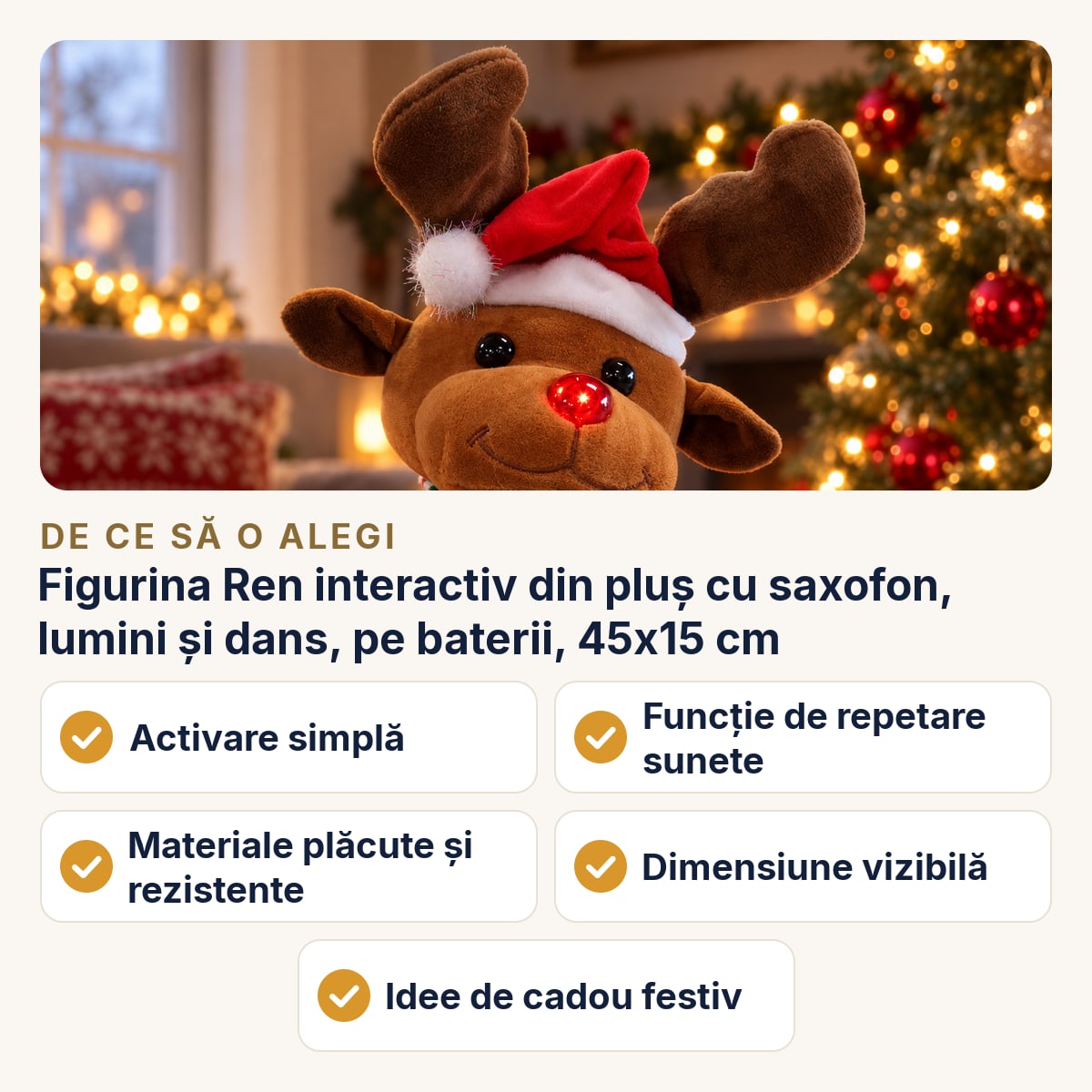 Figurina Ren interactiv din pluș cu saxofon, lumini și dans, pe baterii, 45x15 cm — de ce să o alegi