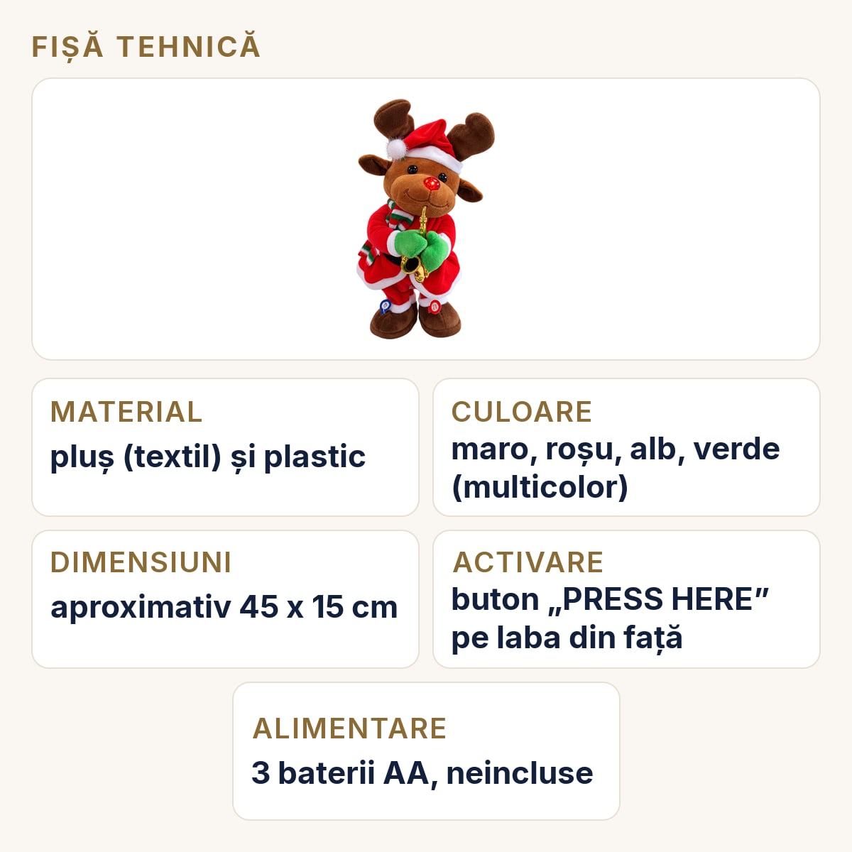 Fișă tehnică — Figurina Ren interactiv din pluș cu saxofon, lumini și dans, pe baterii, 45x15 cm
