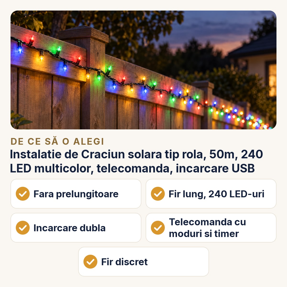 Instalatie de Craciun solara tip rola, 50m, 240 LED multicolor, telecomanda, incarcare USB — de ce să o alegi