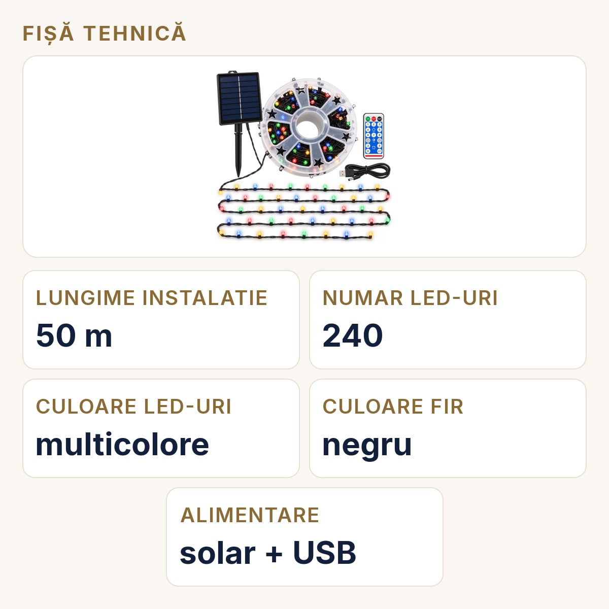 Fișă tehnică — Instalatie de Craciun solara tip rola, 50m, 240 LED multicolor, telecomanda, incarcare USB