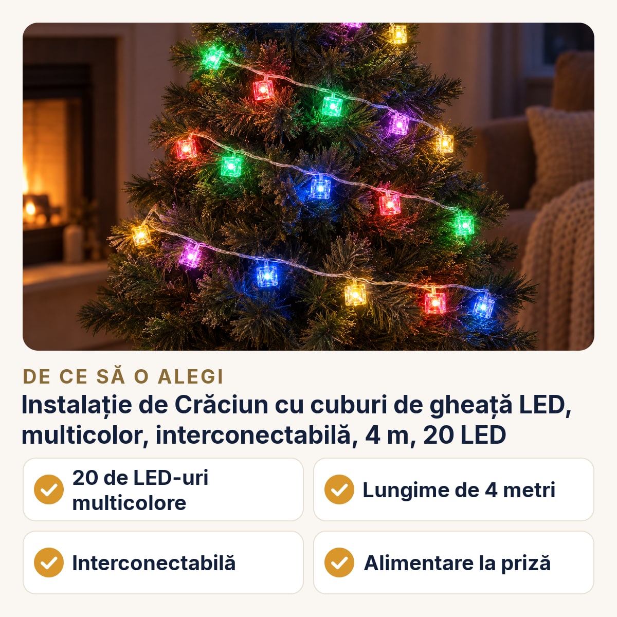 Instalație de Crăciun cu cuburi de gheață LED, multicolor, interconectabilă, 4 m, 20 LED — de ce să o alegi