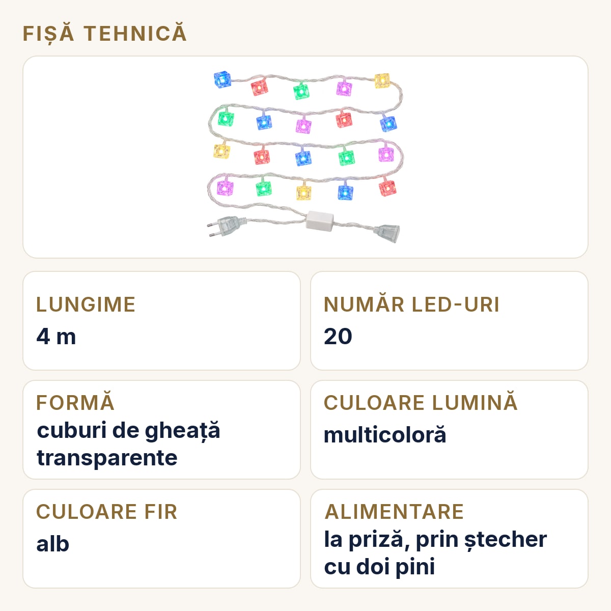 Fișă tehnică — Instalație de Crăciun cu cuburi de gheață LED, multicolor, interconectabilă, 4 m, 20 LED