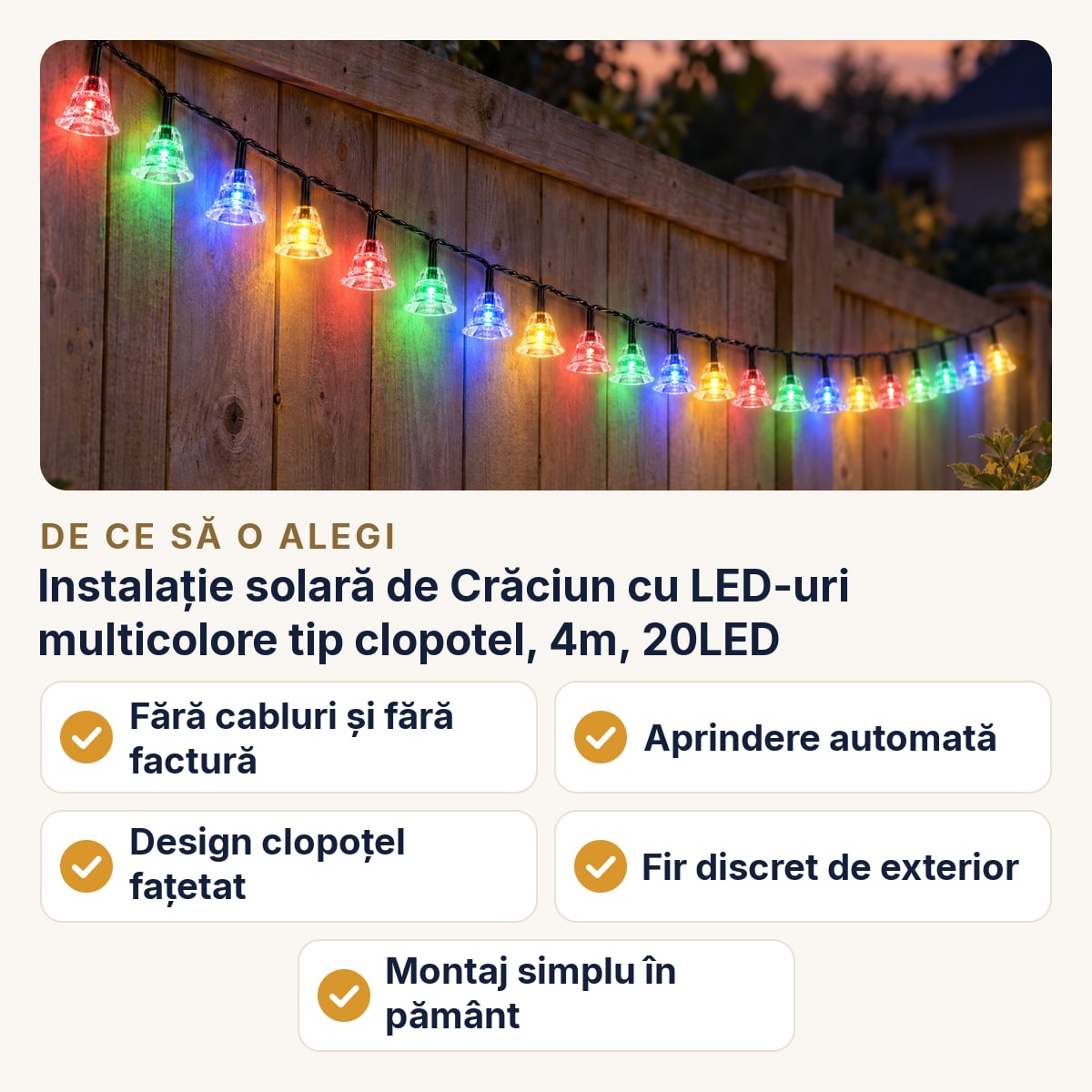 Instalație solară de Crăciun cu LED-uri multicolore tip clopotel, 4m, 20LED — de ce să o alegi