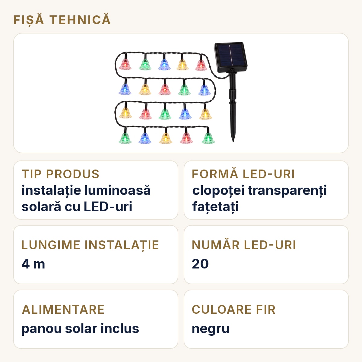 Fișă tehnică — Instalație solară de Crăciun cu LED-uri multicolore tip clopotel, 4m, 20LED