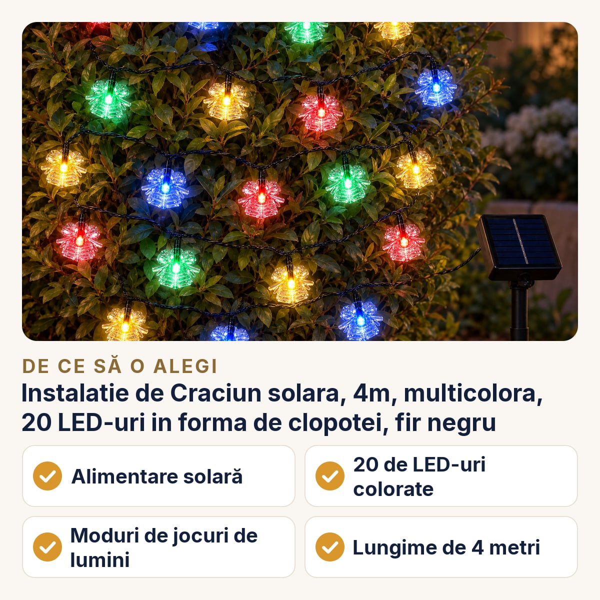 Instalatie de Craciun solara, 4m, multicolora, 20 LED-uri in forma de clopotei, fir negru — de ce să o alegi