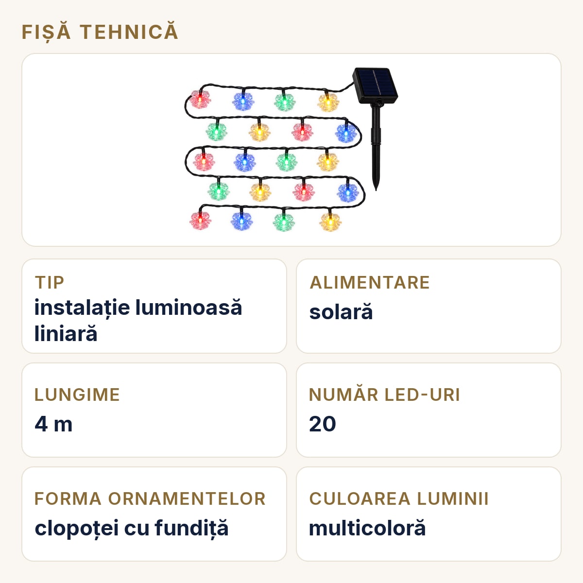 Fișă tehnică — Instalatie de Craciun solara, 4m, multicolora, 20 LED-uri in forma de clopotei, fir negru