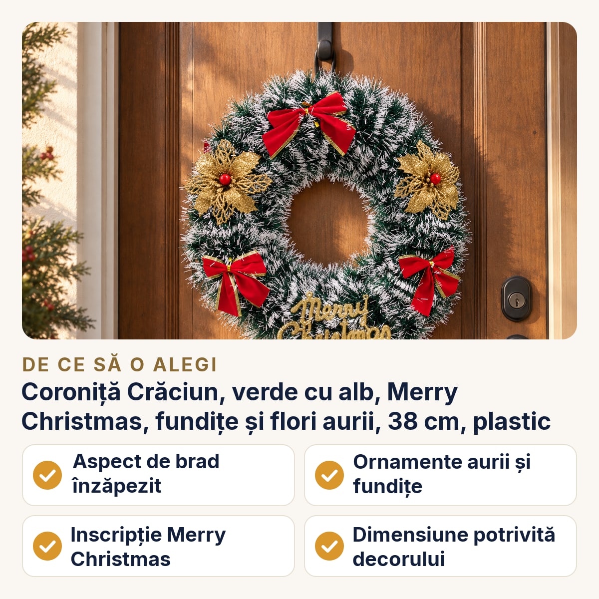Coroniță Crăciun, verde cu alb, Merry Christmas, fundițe și flori aurii, 38 cm, plastic — de ce să o alegi