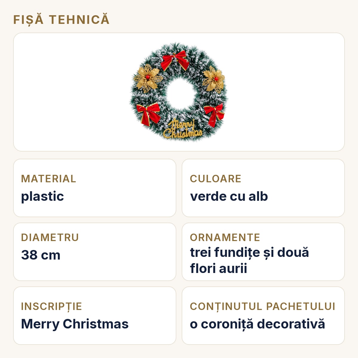 Fișă tehnică — Coroniță Crăciun, verde cu alb, Merry Christmas, fundițe și flori aurii, 38 cm, plastic