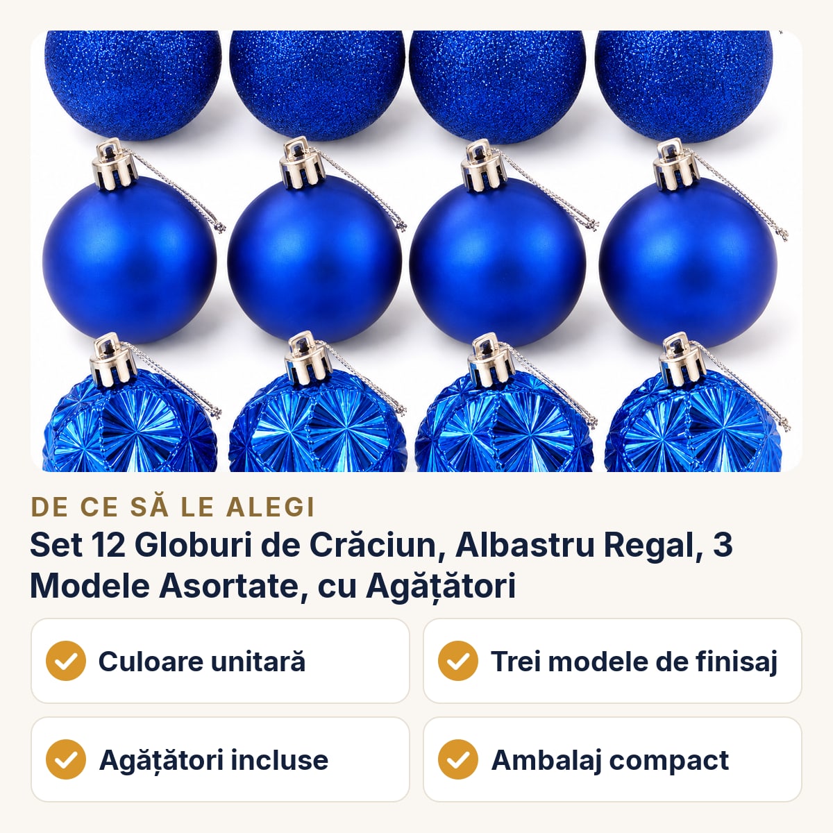 Set 12 Globuri de Crăciun, Albastru Regal, 3 Modele Asortate, cu Agățători — de ce să le alegi