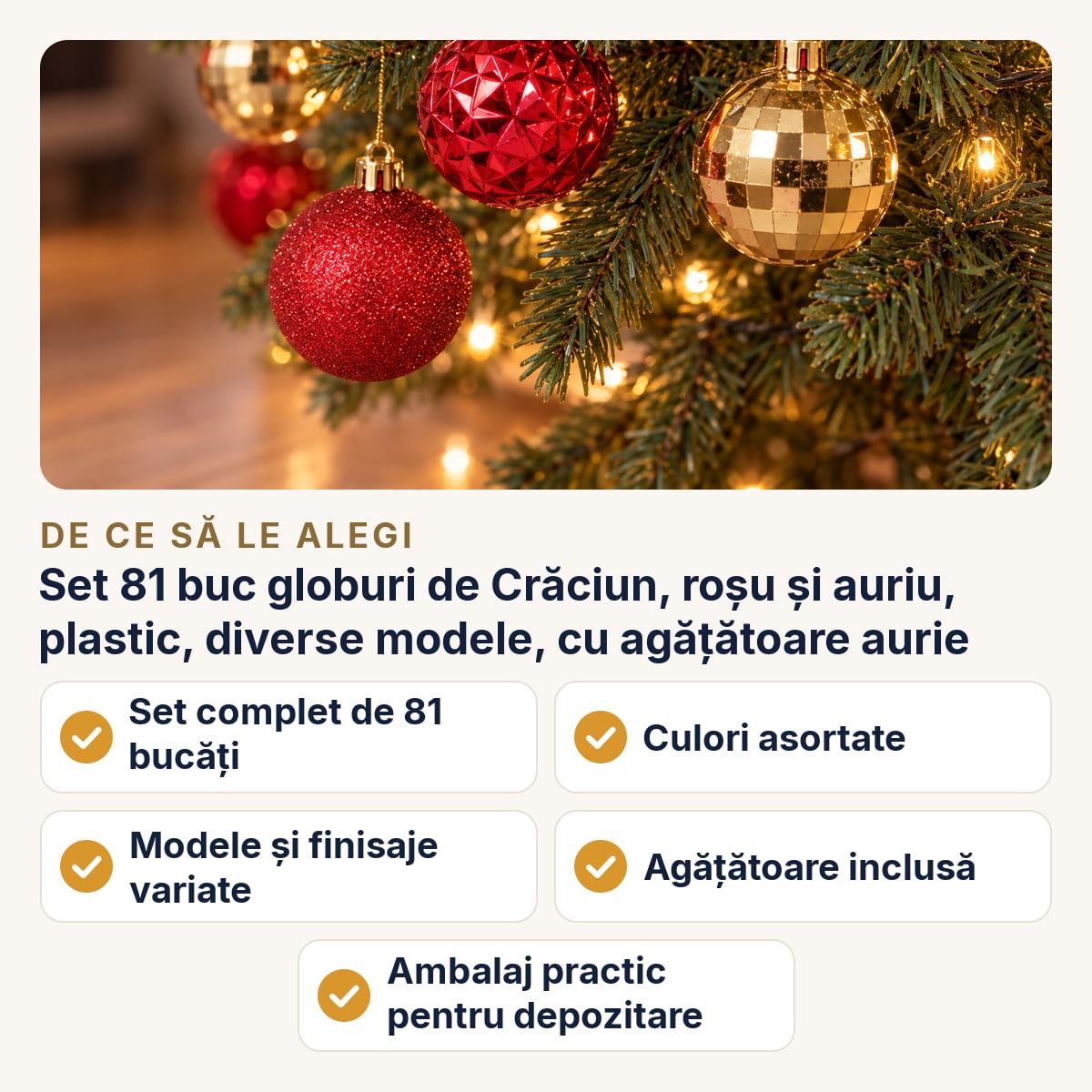Set 81 buc globuri de Crăciun, roșu și auriu, plastic, diverse modele, cu agățătoare aurie — de ce să le alegi
