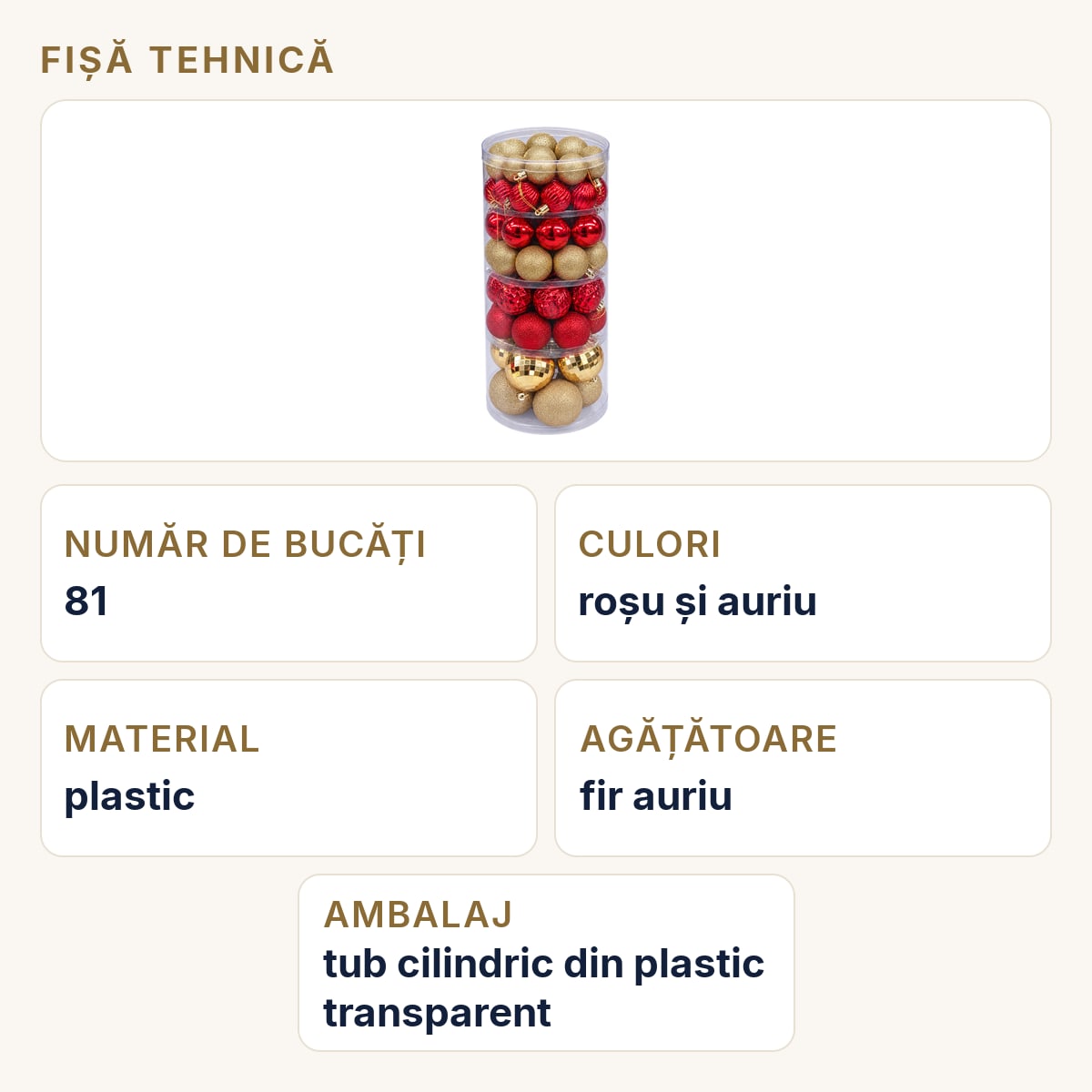 Fișă tehnică — Set 81 buc globuri de Crăciun, roșu și auriu, plastic, diverse modele, cu agățătoare aurie