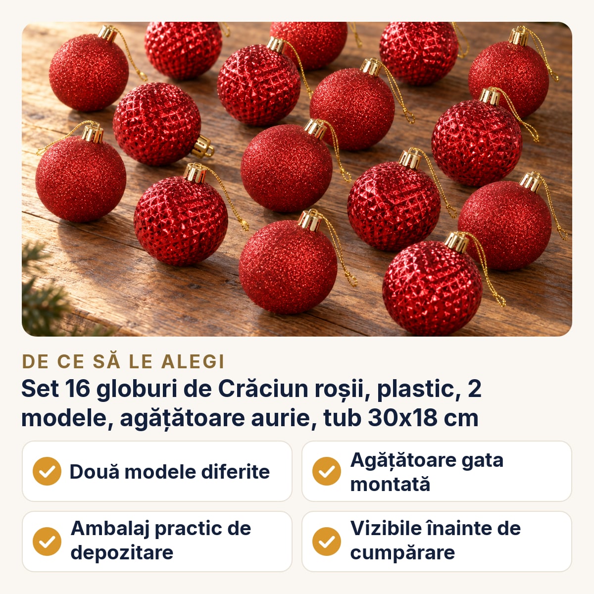 Set 16 globuri de Crăciun roșii, plastic, 2 modele, agățătoare aurie, tub 30x18 cm — de ce să le alegi