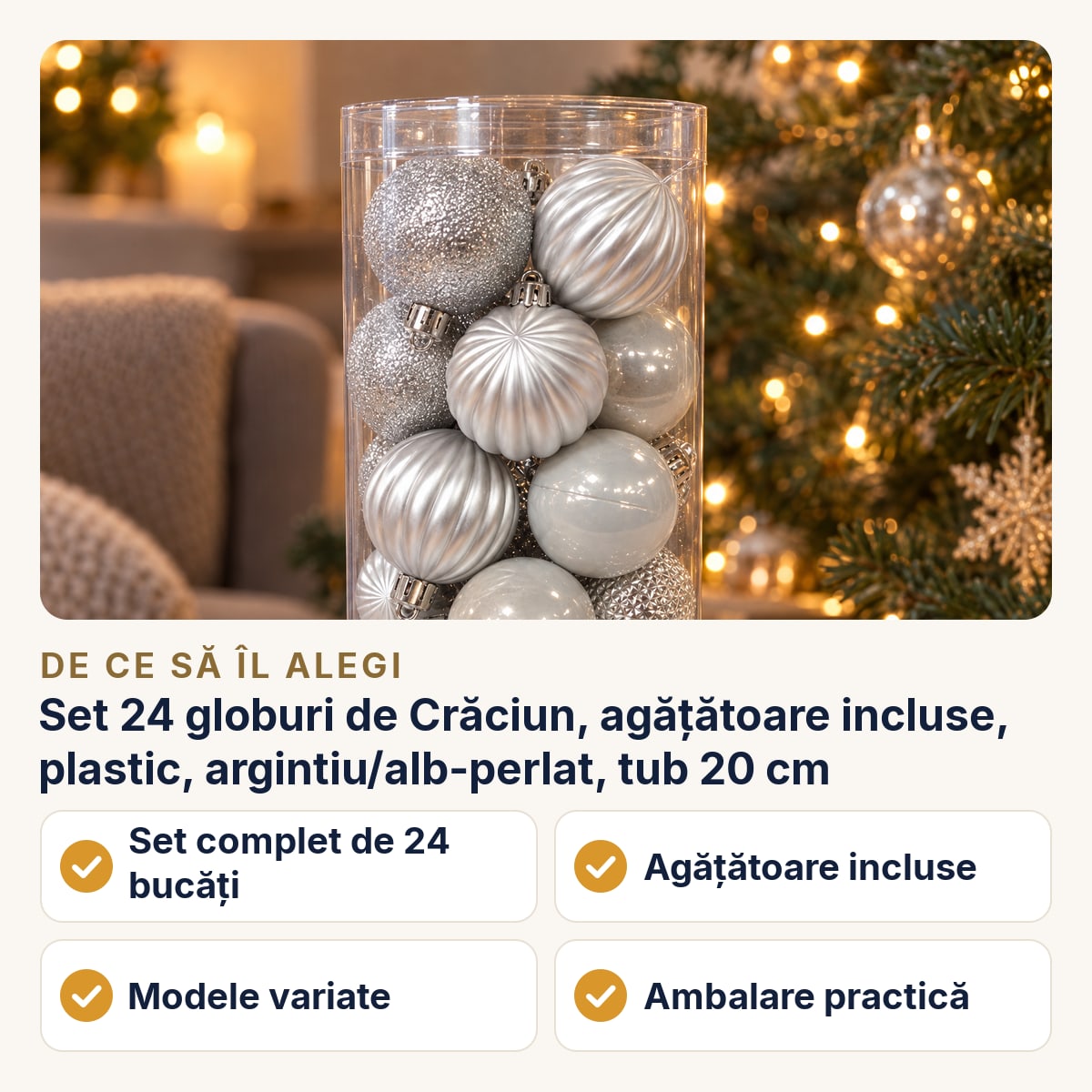Set 24 globuri de Crăciun, agățătoare incluse, plastic, argintiu/alb-perlat, tub 20 cm — de ce să îl alegi