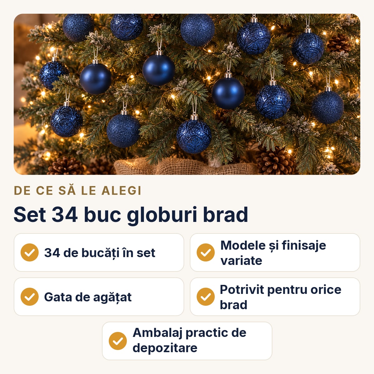 Set 34 buc globuri brad, albastru închis, modele diverse, sclipici, plastic, ambalaj aprox. 41×23 cm — de ce să le alegi