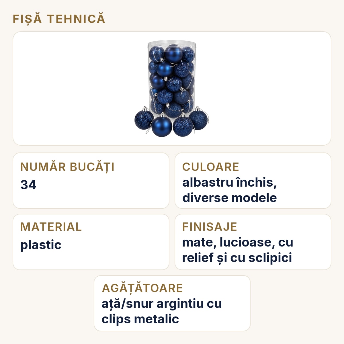 Fișă tehnică — Set 34 buc globuri brad, albastru închis, modele diverse, sclipici, plastic, ambalaj aprox. 41×23 cm