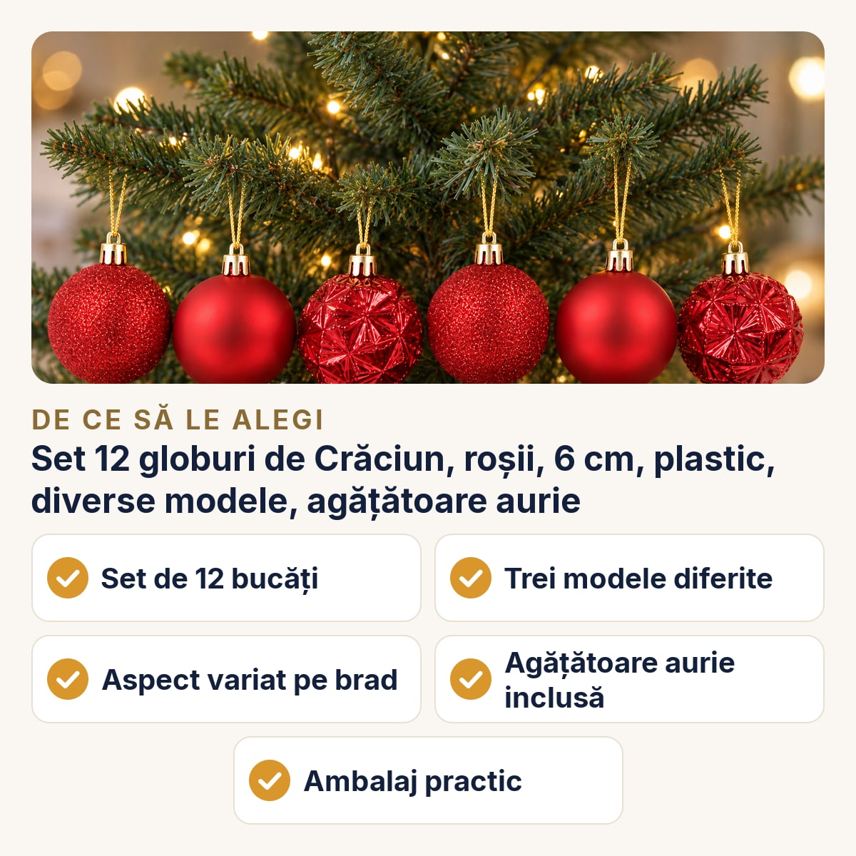 Set 12 globuri de Crăciun, roșii, 6 cm, plastic, diverse modele, agățătoare aurie — de ce să le alegi