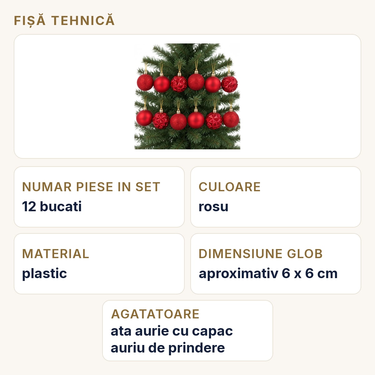 Fișă tehnică — Set 12 globuri de Crăciun, roșii, 6 cm, plastic, diverse modele, agățătoare aurie