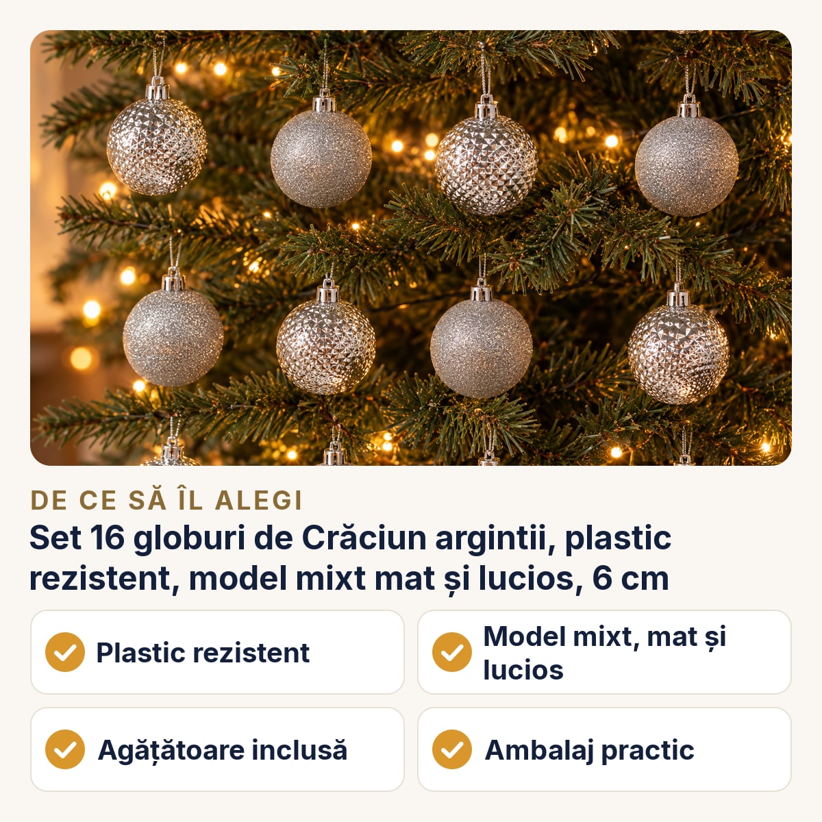 Set 16 globuri de Crăciun argintii, plastic rezistent, model mixt mat și lucios, 6 cm — de ce să îl alegi
