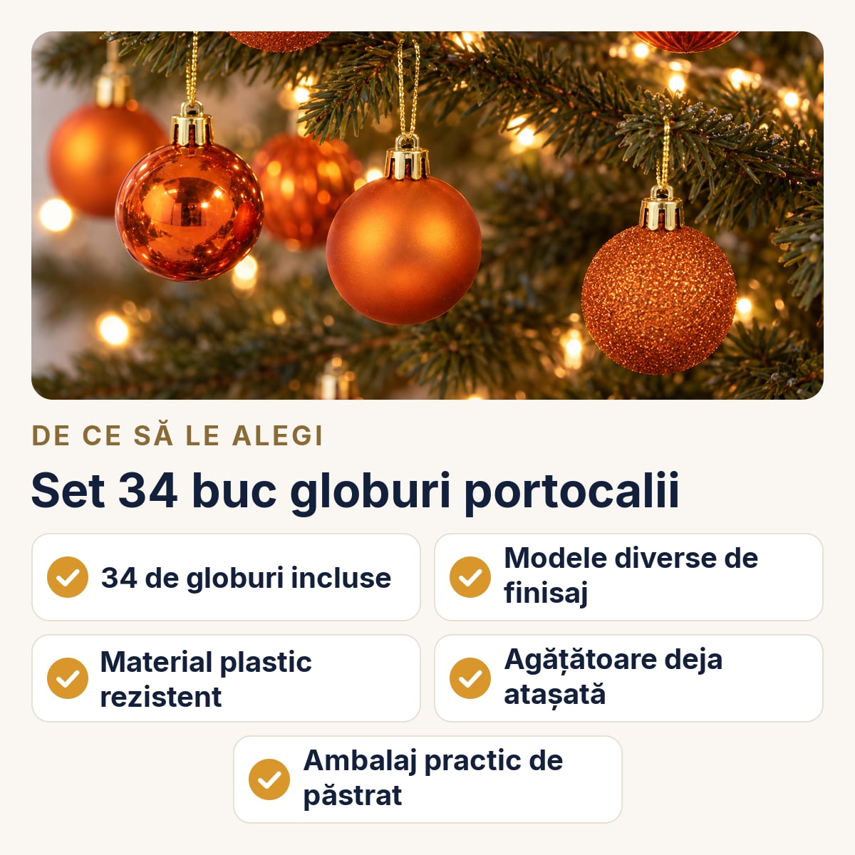 Set 34 buc globuri portocalii, plastic, modele diverse, agățătoare aurie, cutie aprox. 28 × 14 cm — de ce să le alegi