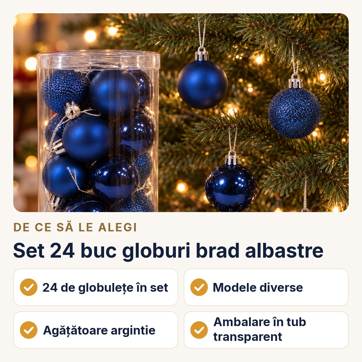 Set 24 buc globuri brad albastre, plastic, modele diverse, agățătoare argintie, tub aprox. 29×12 cm — de ce să le alegi
