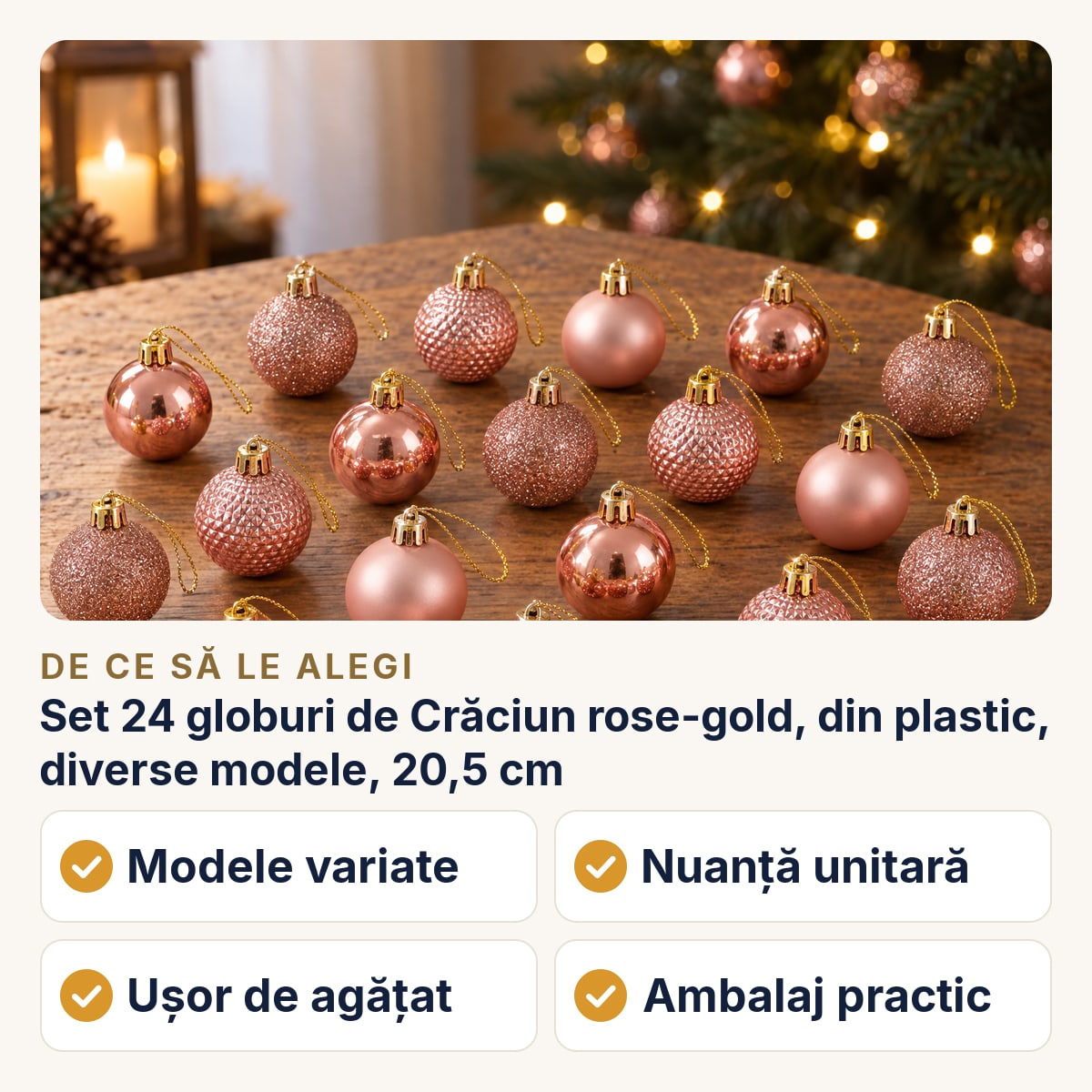 Set 24 globuri de Crăciun rose-gold, din plastic, diverse modele, 20,5 cm — de ce să le alegi