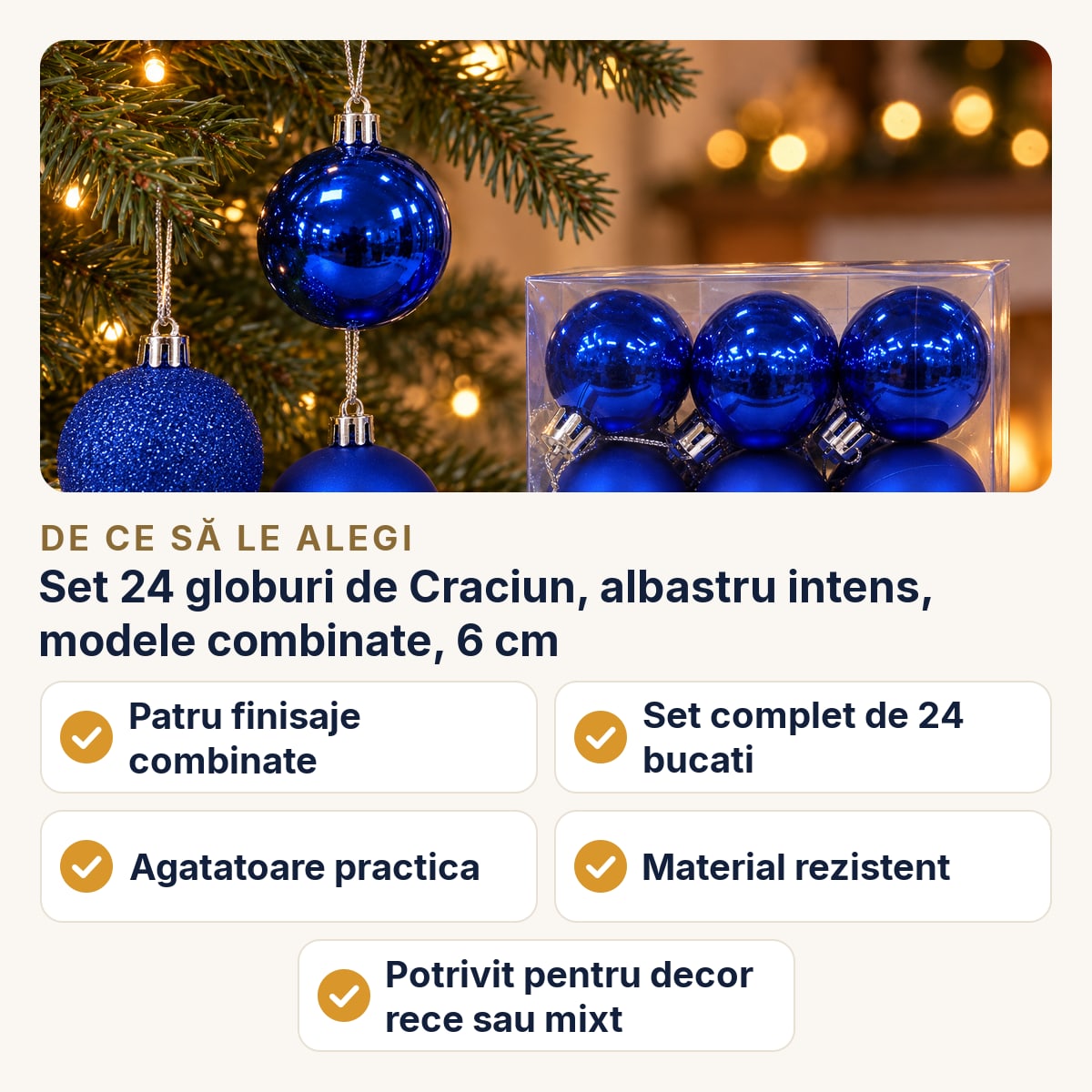 Set 24 globuri de Craciun, albastru intens, modele combinate, 6 cm — de ce să le alegi