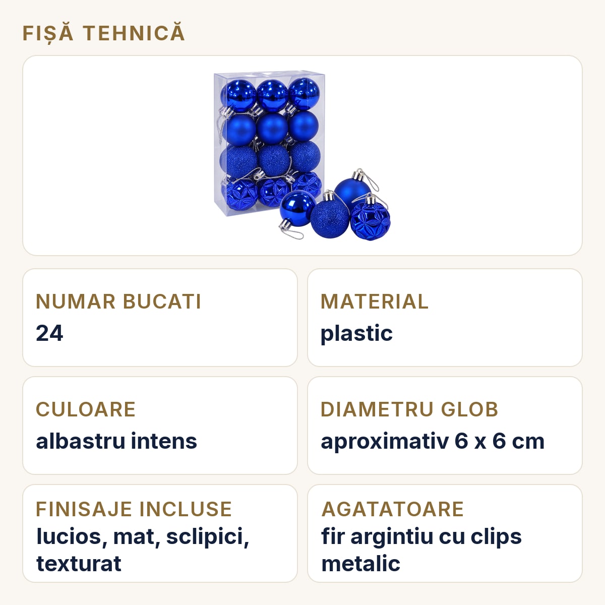 Fișă tehnică — Set 24 globuri de Craciun, albastru intens, modele combinate, 6 cm