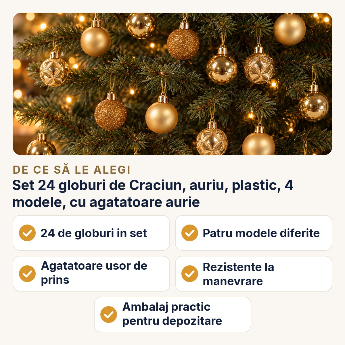 Set 24 globuri de Craciun, auriu, plastic, 4 modele, cu agatatoare aurie — de ce să le alegi