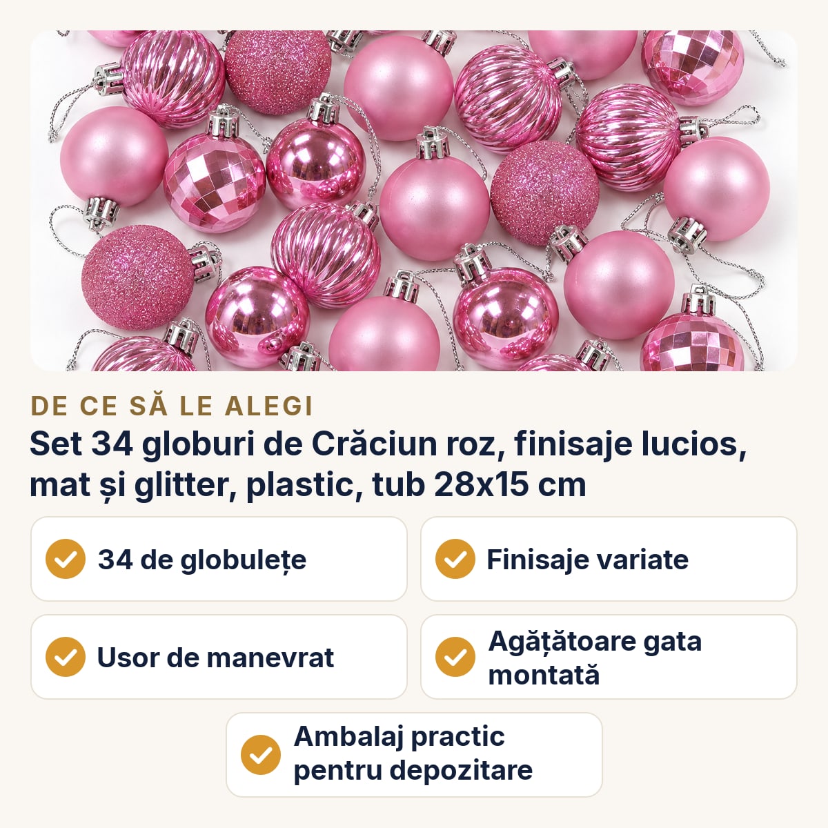 Set 34 globuri de Crăciun roz, finisaje lucios, mat și glitter, plastic, tub 28x15 cm — de ce să le alegi
