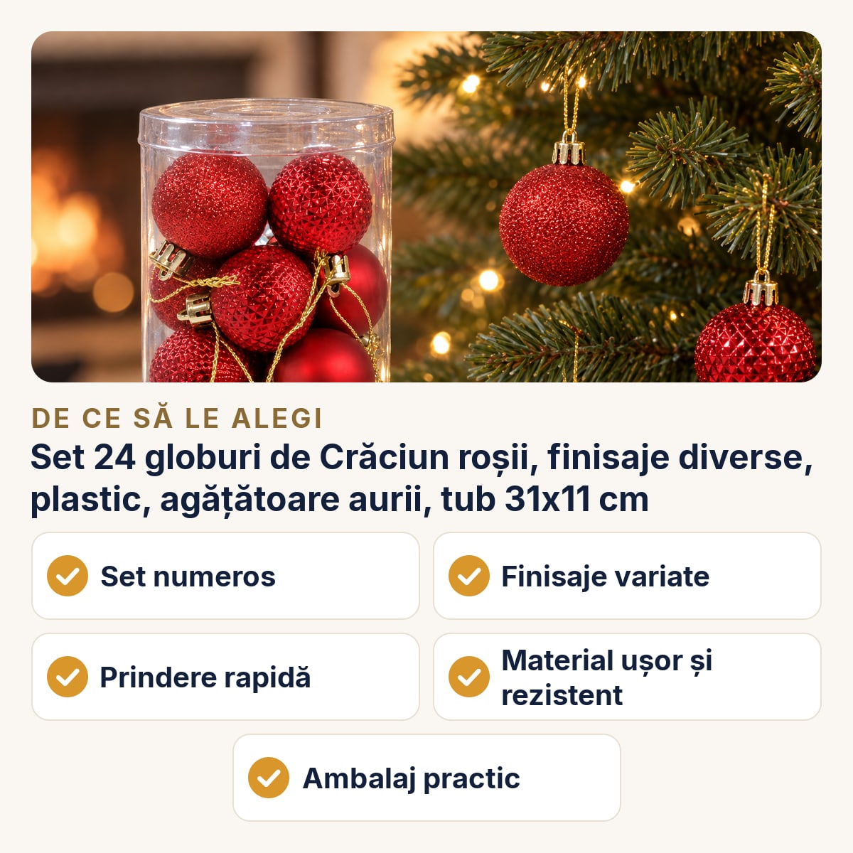 Set 24 globuri de Crăciun roșii, finisaje diverse, plastic, agățătoare aurii, tub 31x11 cm — de ce să le alegi