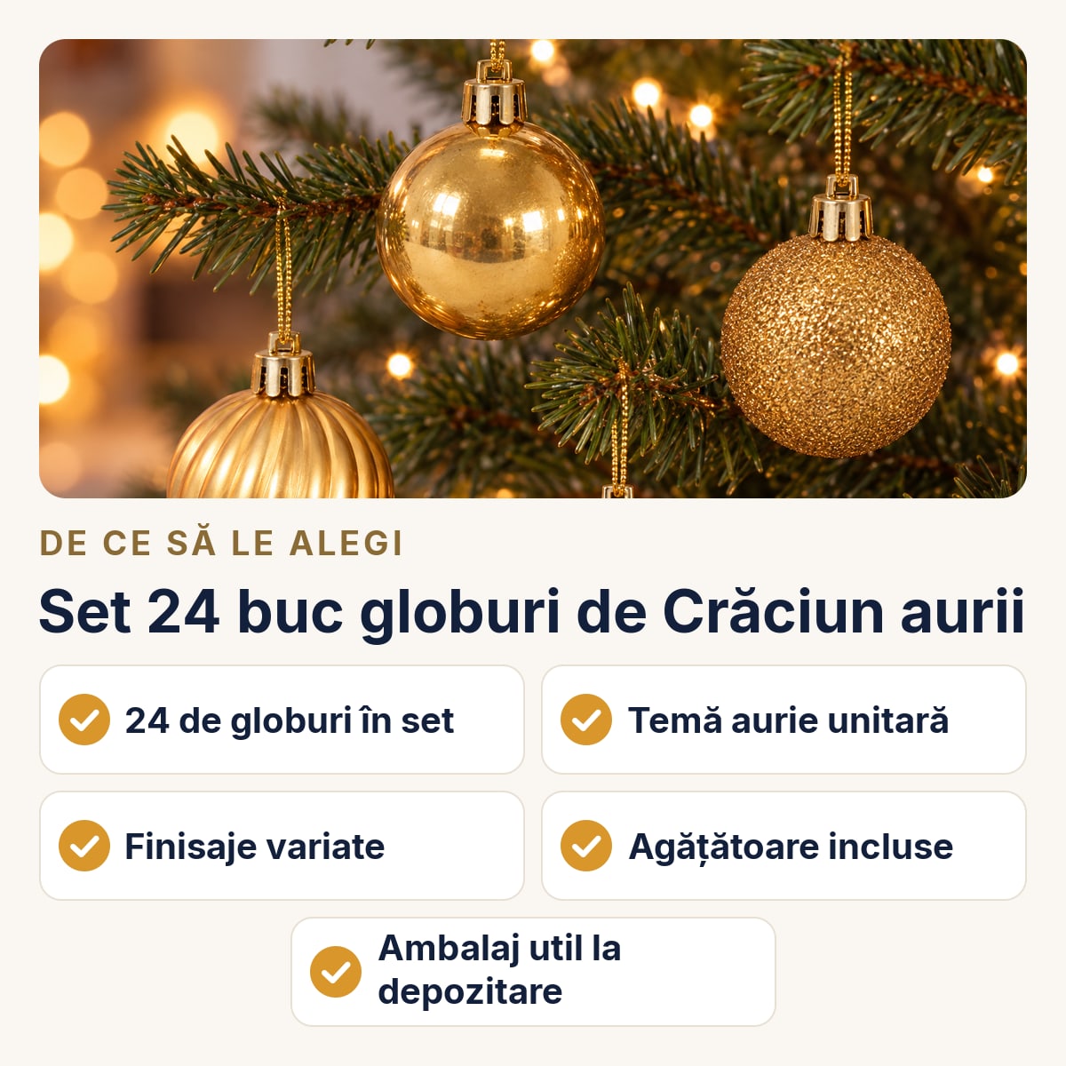 Set 24 buc globuri de Crăciun aurii, plastic, diverse modele, tub aprox. 30×10 cm, agățătoare aurie — de ce să le alegi