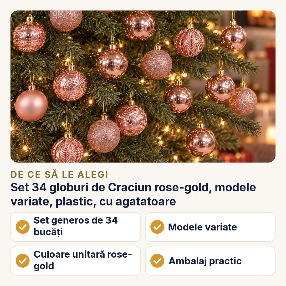 Set 34 globuri de Craciun rose-gold, modele variate, plastic, cu agatatoare — de ce să le alegi