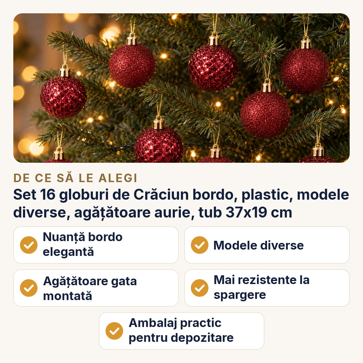 Set 16 globuri de Crăciun bordo, plastic, modele diverse, agățătoare aurie, tub 37x19 cm — de ce să le alegi