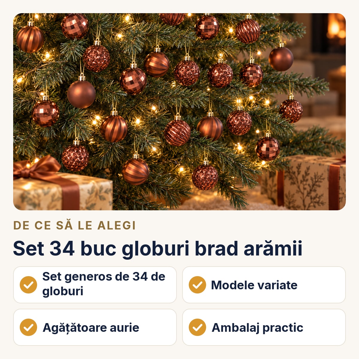 Set 34 buc globuri brad arămii, plastic, modele diverse, agățătoare aurie, cutie aprox. 43 × 23 cm — de ce să le alegi