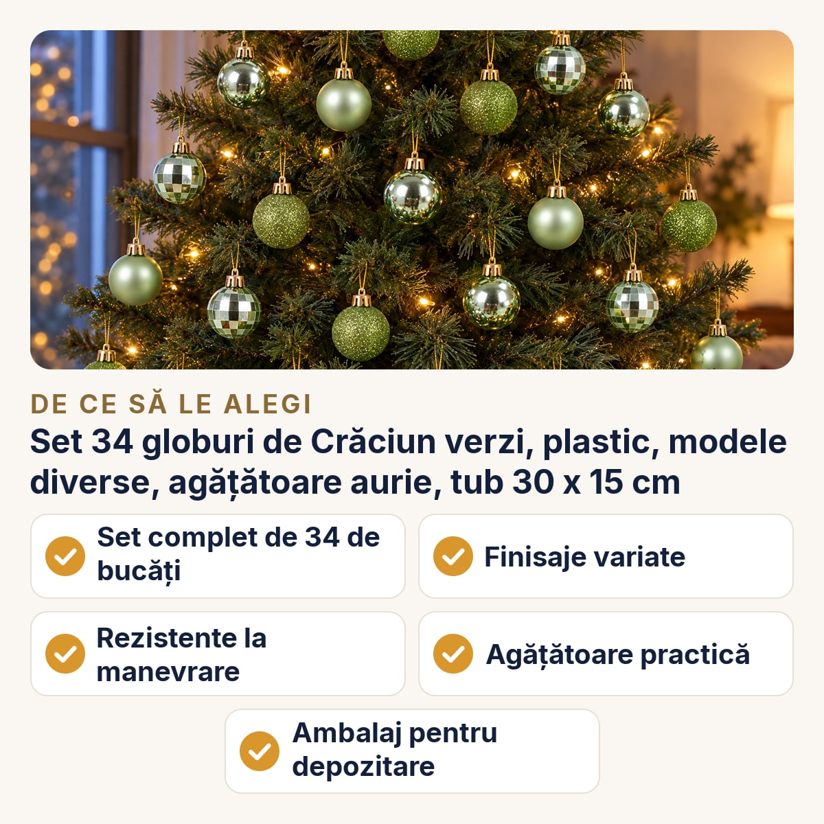 Set 34 globuri de Crăciun verzi, plastic, modele diverse, agățătoare aurie, tub 30 x 15 cm — de ce să le alegi