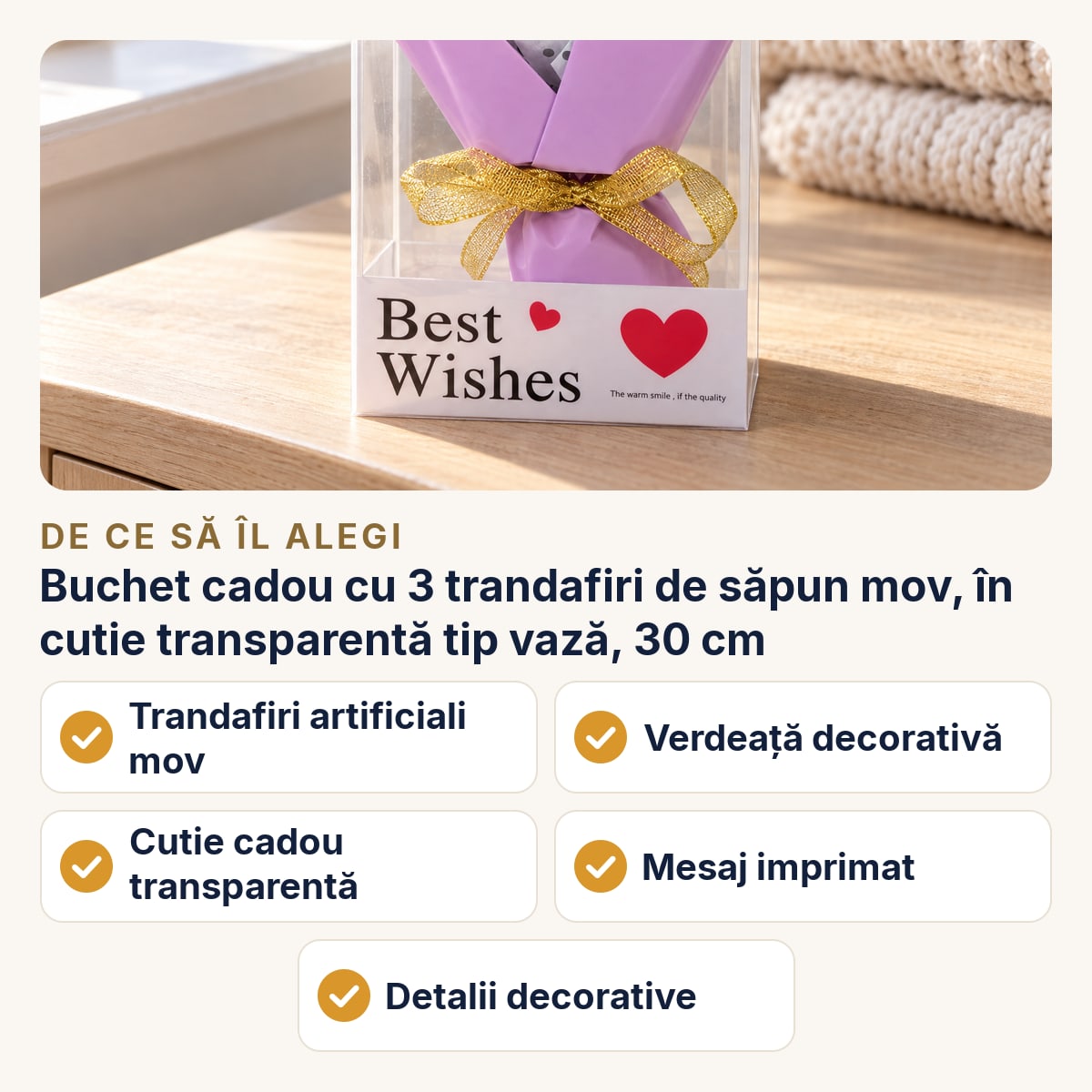 Buchet cadou cu 3 trandafiri de săpun mov, &icirc;n cutie transparentă tip vază, 30 cm &mdash; de ce să &icirc;l alegi