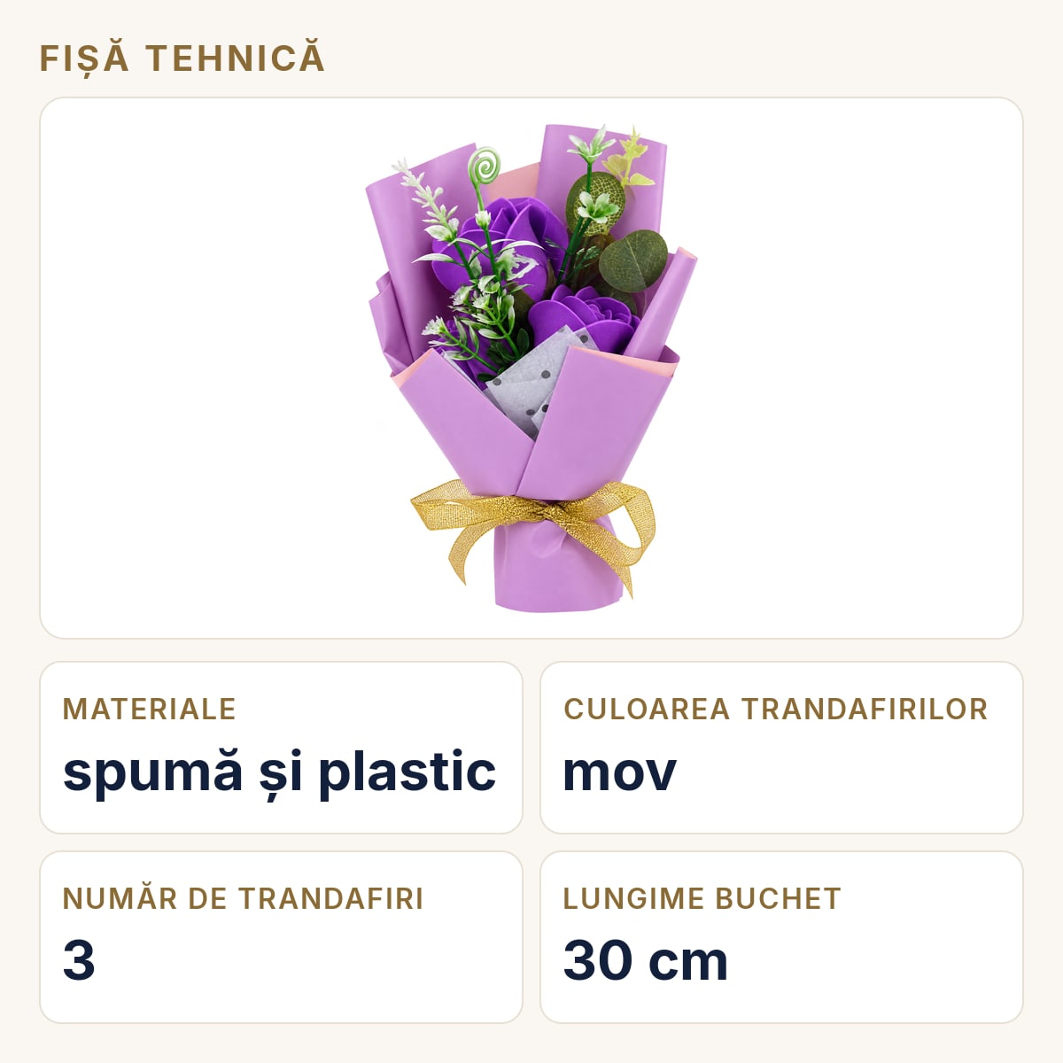 Fișă tehnică &mdash; Buchet cadou cu 3 trandafiri de săpun mov, &icirc;n cutie transparentă tip vază, 30 cm