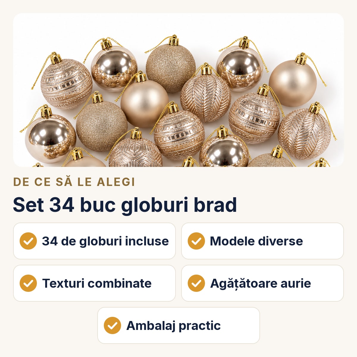 Set 34 buc globuri brad, auriu, plastic, modele diverse, agățătoare aurie, cutie aprox. 45×24 cm — de ce să le alegi