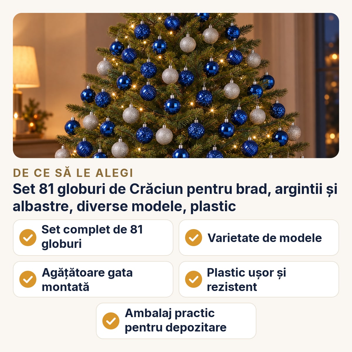 Set 81 globuri de Crăciun pentru brad, argintii și albastre, diverse modele, plastic — de ce să le alegi