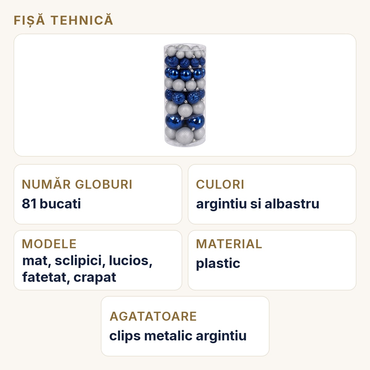 Fișă tehnică — Set 81 globuri de Crăciun pentru brad, argintii și albastre, diverse modele, plastic