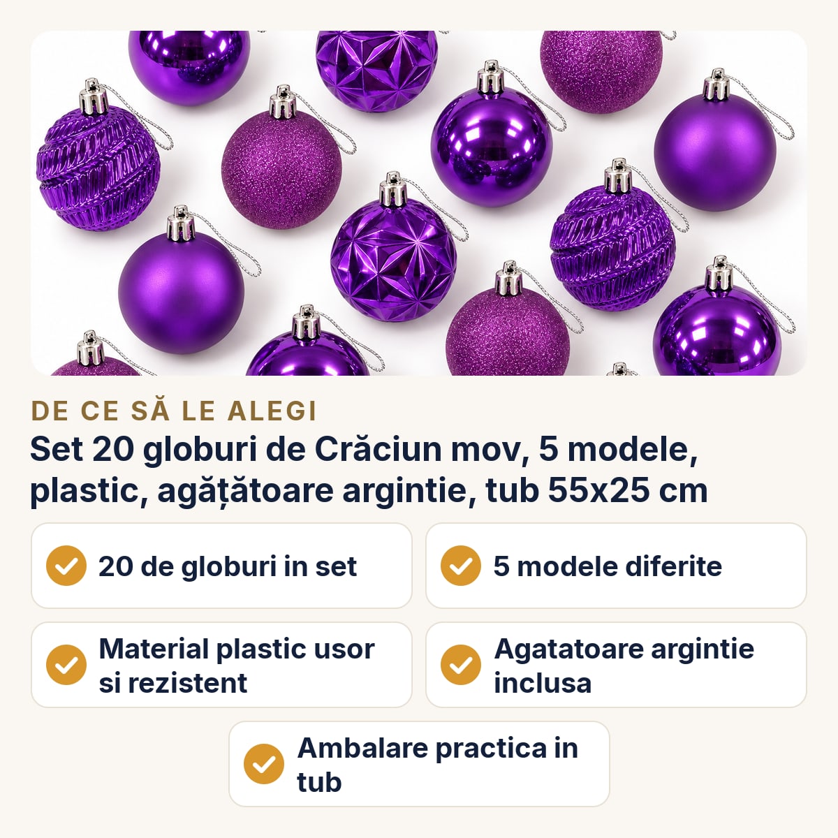 Set 20 globuri de Crăciun mov, 5 modele, plastic, agățătoare argintie, tub 55x25 cm — de ce să le alegi