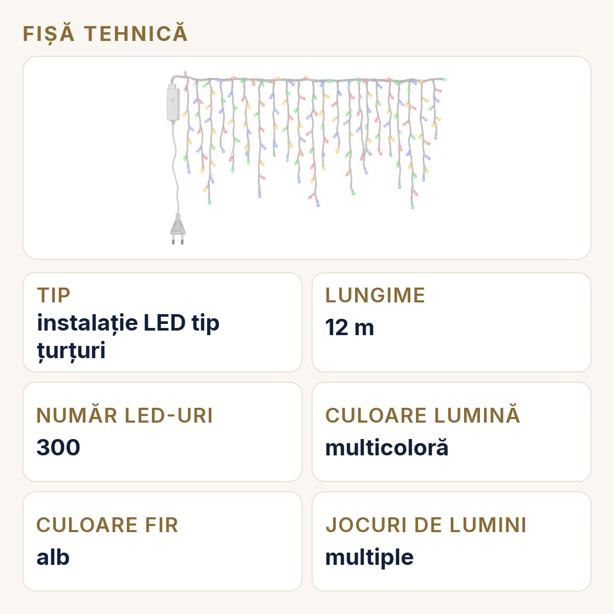 Fișă tehnică — Instalatie LED tip turturi de Craciun, 12 m, 300 LED, multicolor, interconectabila